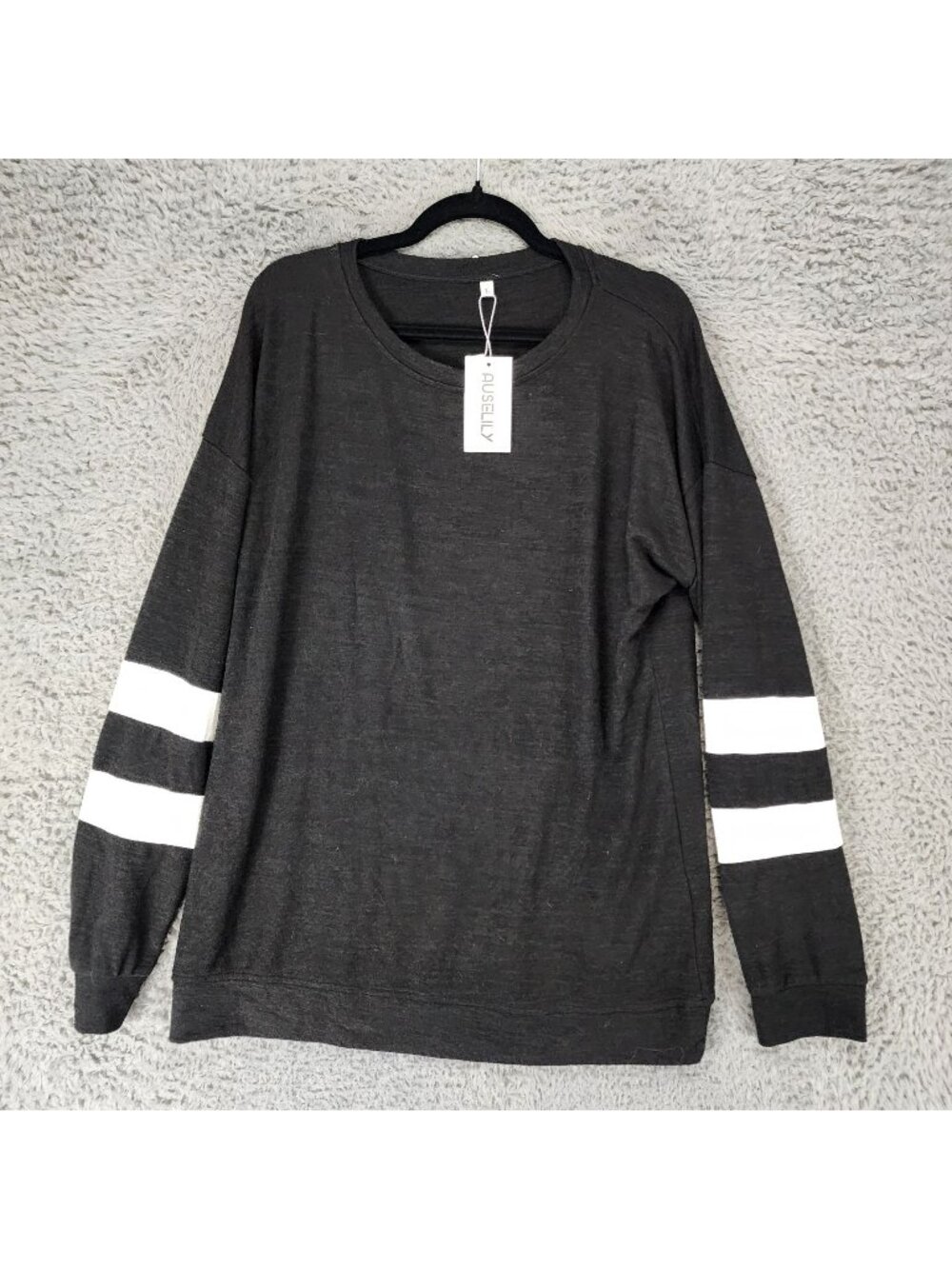 Auselily Shirt Womens Large Black Striped Long Sleeve Pullover Sweatshirt *NWT*
